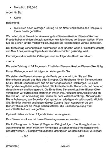 Bienen Mietvertrag Seite 2 (c) Imkerei Northoff 28879 Mölln