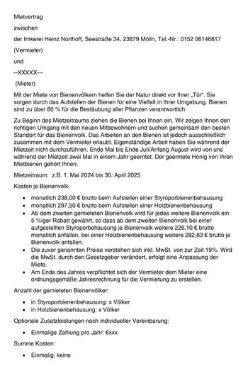 Bienen Mietvertrag Seite 1 (c) Imkerei Northoff 28879 Mölln